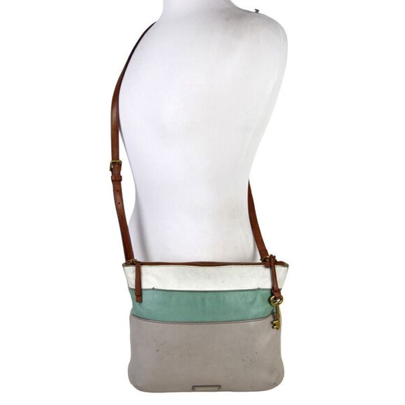 FOSSIL GRAY BLUE WHITE GENUINE LEATHER CROSSBODY ORGANIZER SHOULDER BAG PURSE - Picture 1 of 16